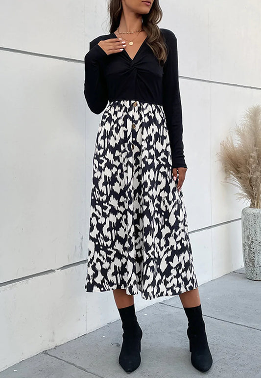 Two Tone Abstract Print Long Sleeve Dress