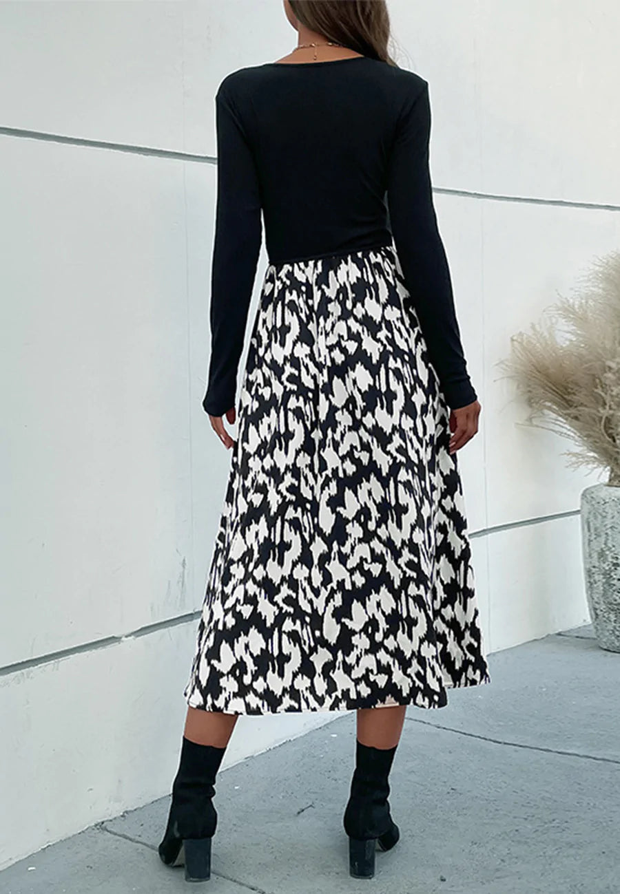 Two Tone Abstract Print Long Sleeve Dress