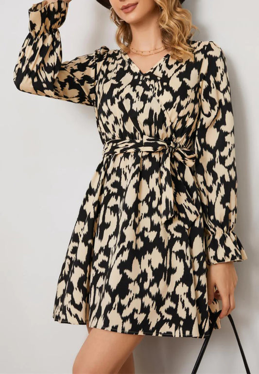Abstract Print Surplice Neck Dress