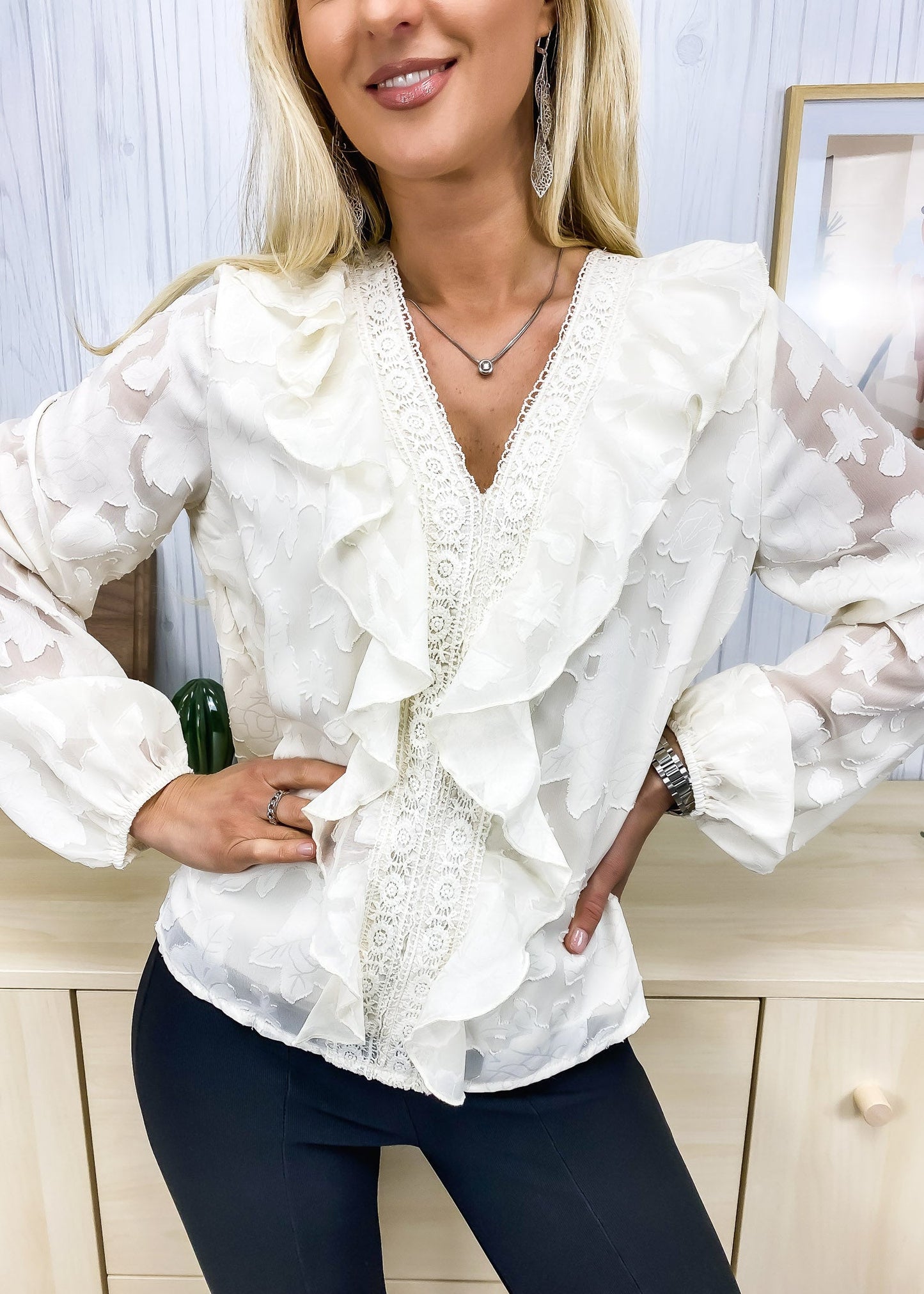 Ruffle Front Textured Floral Blouse