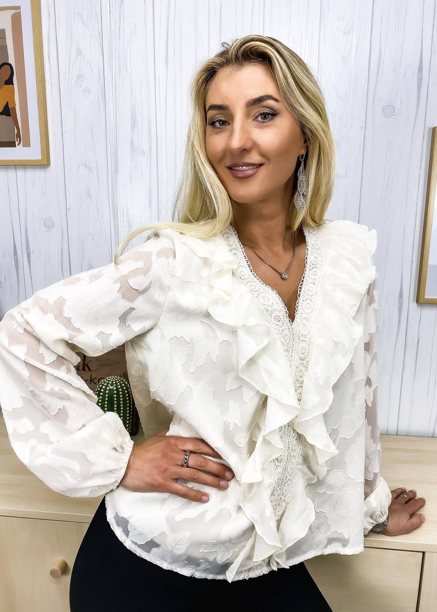 Ruffle Front Textured Floral Blouse