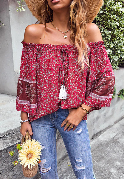 Off-Shoulder Tassel Tie Blouse