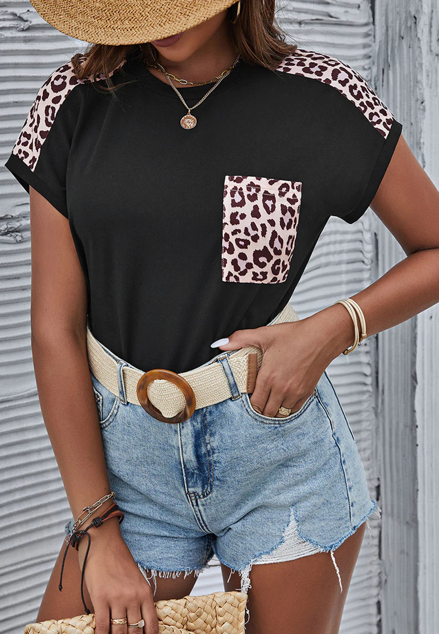 Contrast Leopard Patch Pocket Tee