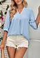 V Neck Button Cuff Sleeve Blouse