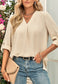 V Neck Button Cuff Sleeve Blouse