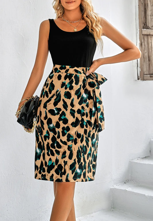 Two Tone Leopard Tie Waist Dress