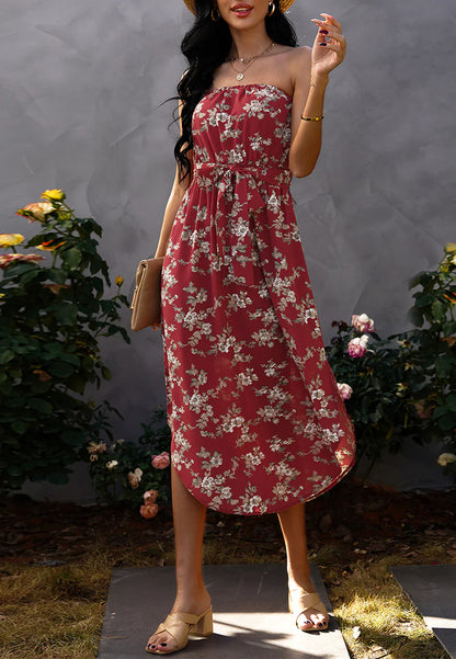 Strapless Floral Rounded Hem Dress