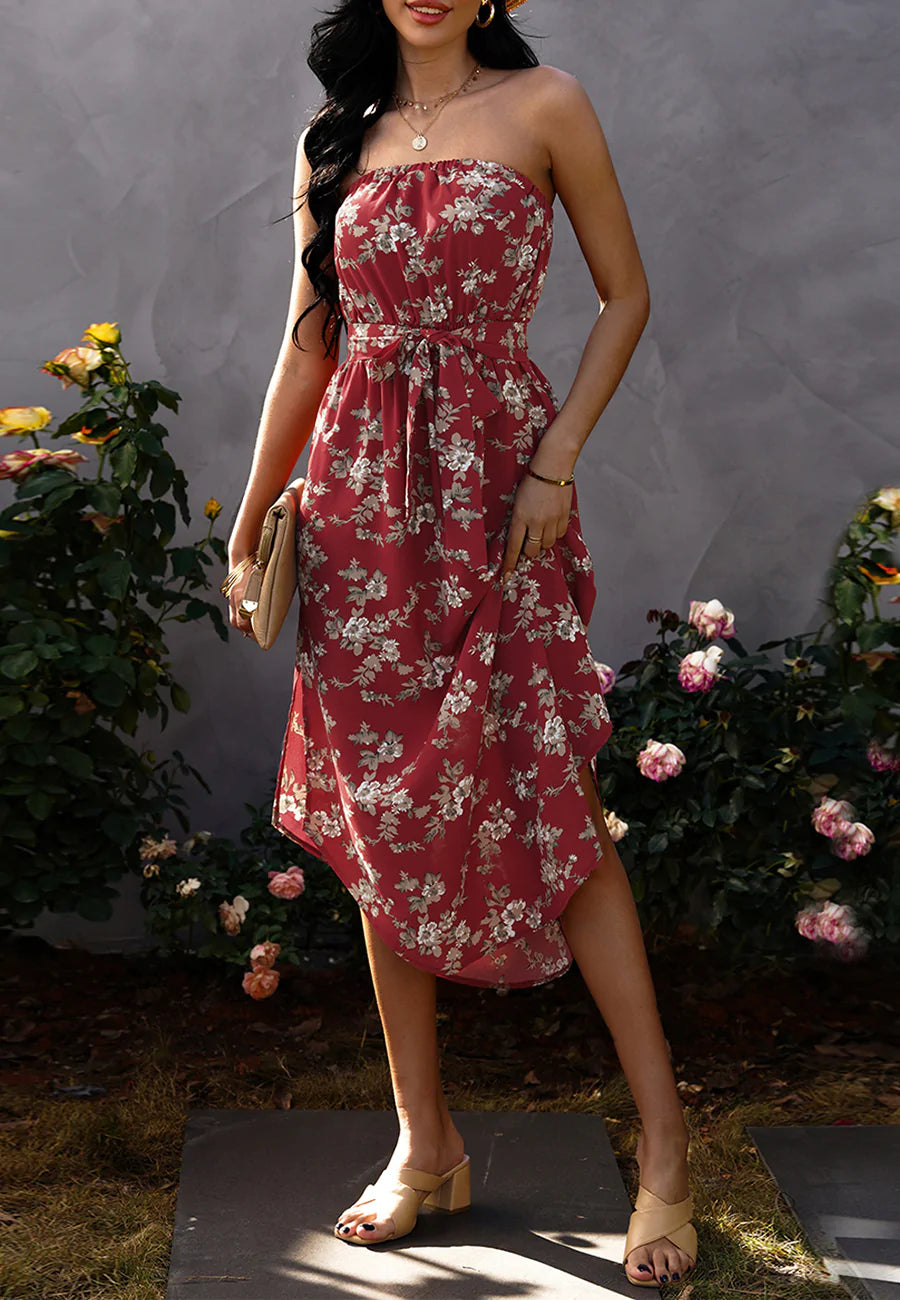 Strapless Floral Rounded Hem Dress