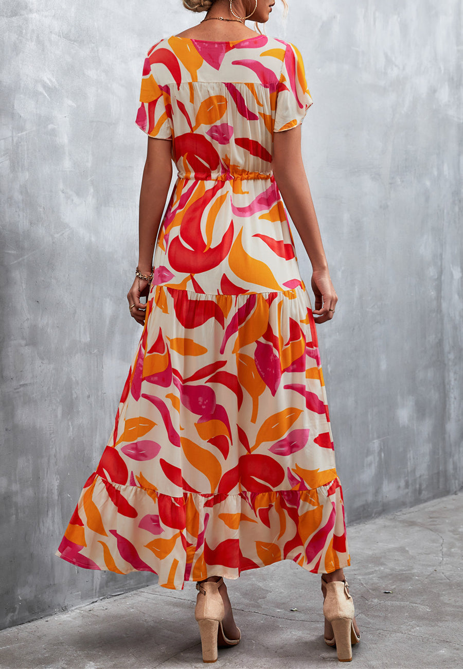 V Neck Tropical Print Maxi Dress