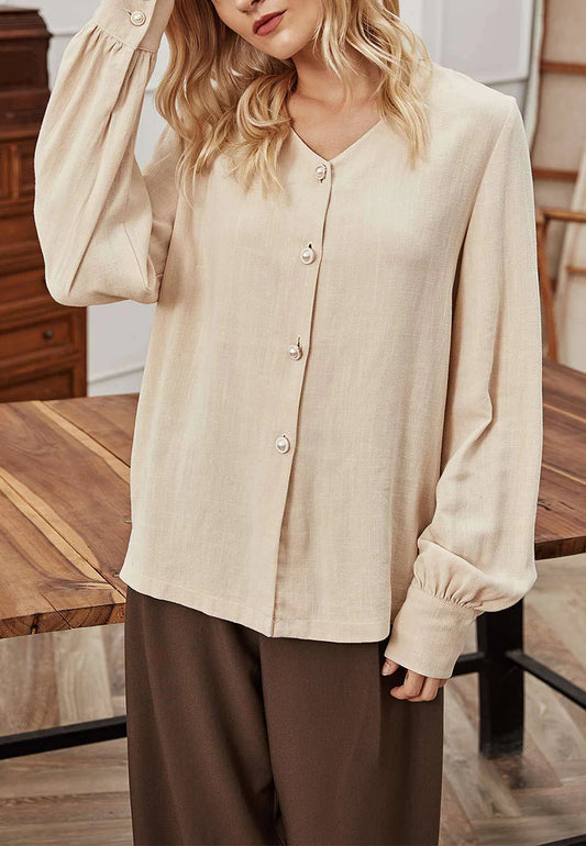 V Neck Pearl Button Blouse