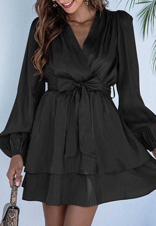 Solid Surplice Neck Tiered Dress