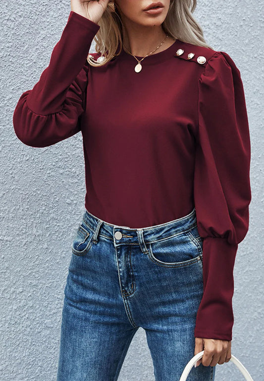 Button Shoulder Gigot Sleeve Blouse