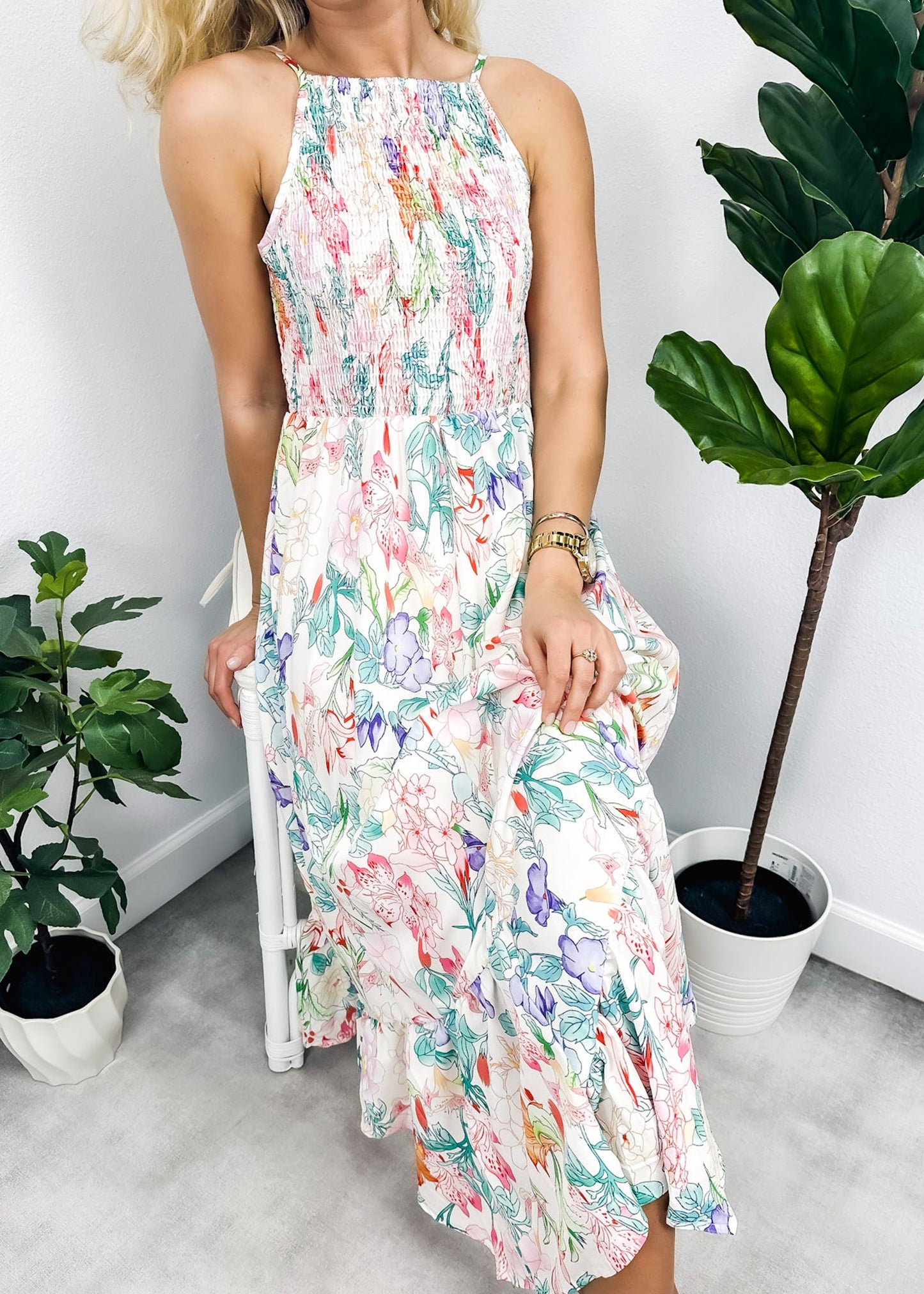 Multicolor Floral Print Halter Dress