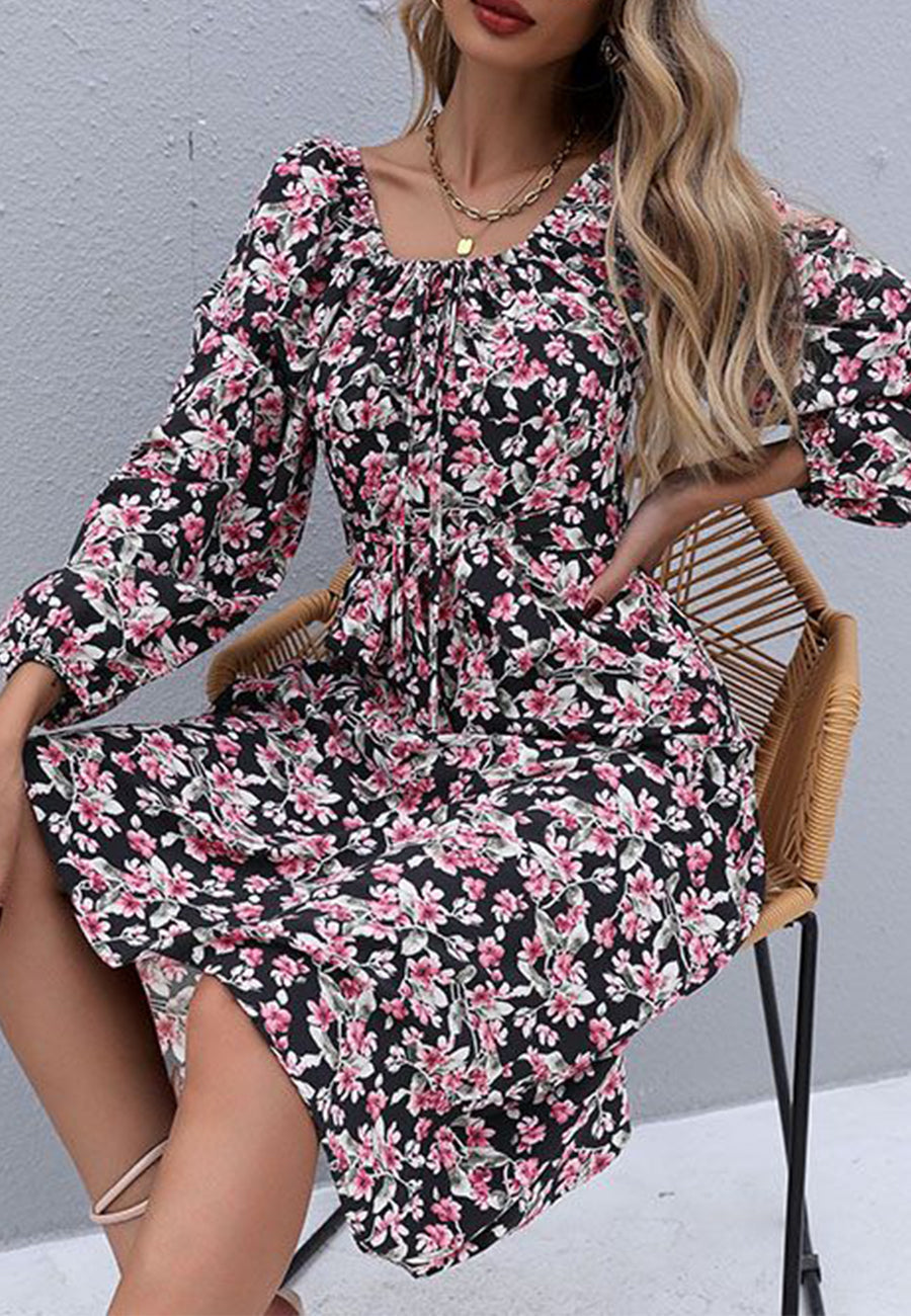 Square Neck Vintage Floral Dress