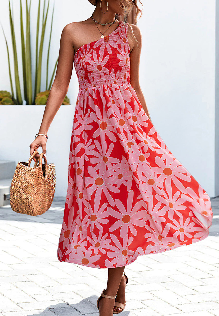 One Shoulder Floral Print Dress