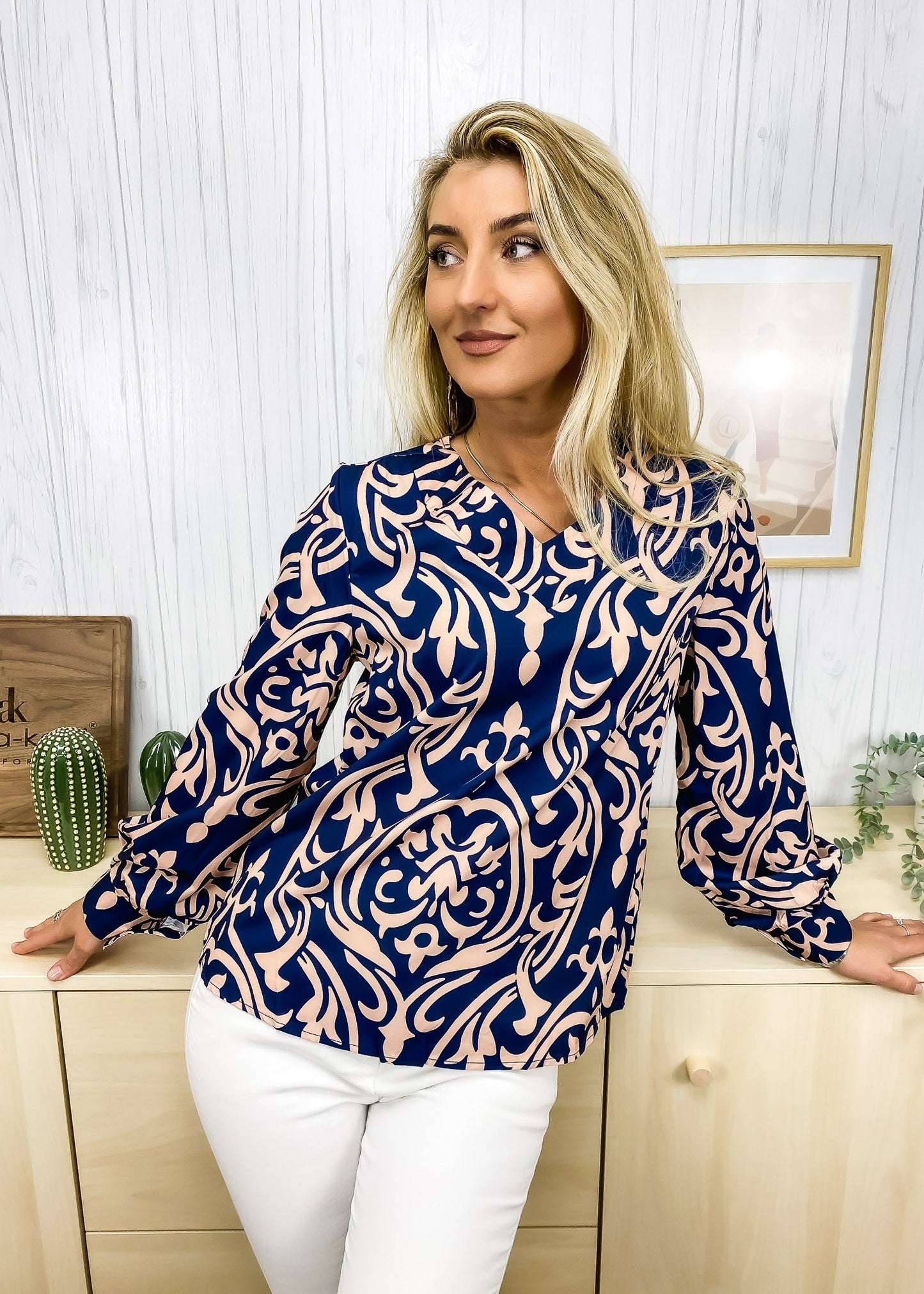 Abstract Print Bishop Sleeve Blouse