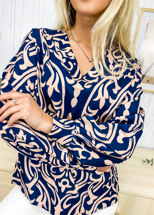 Abstract Print Bishop Sleeve Blouse