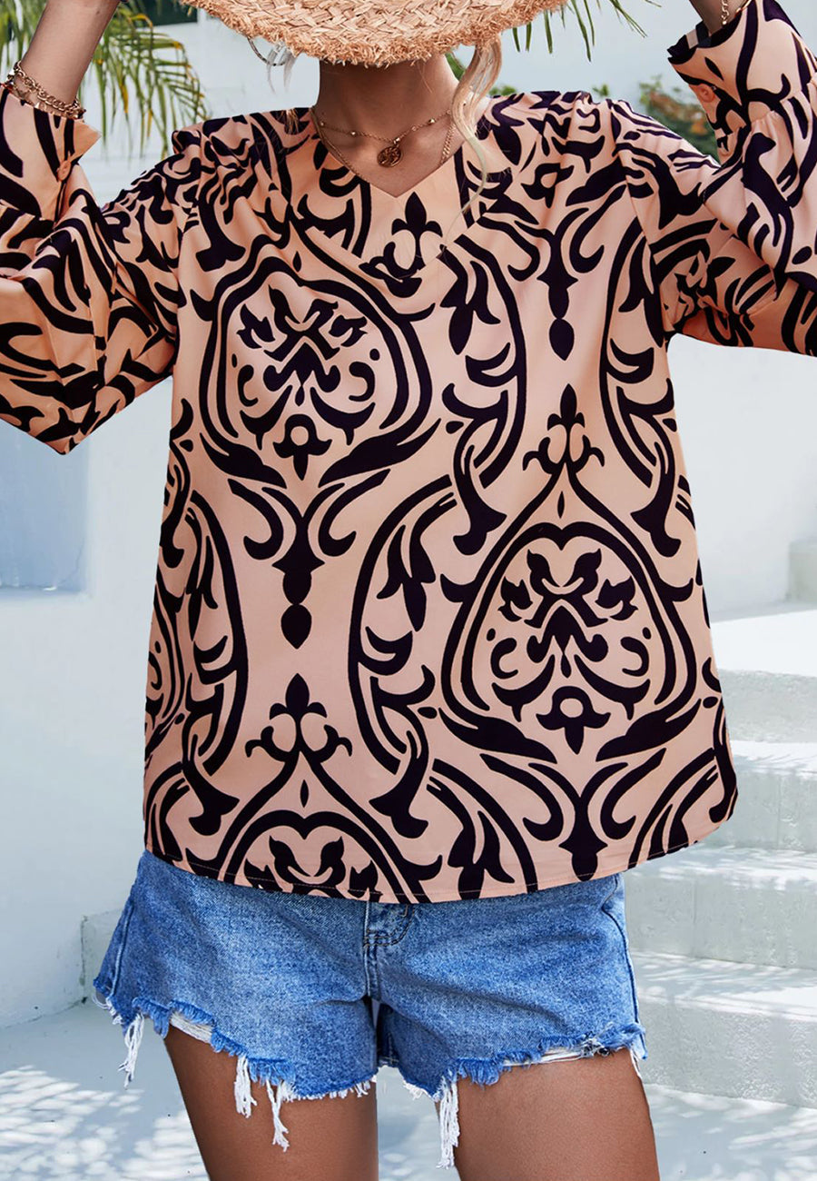 Abstract Print Bishop Sleeve Blouse