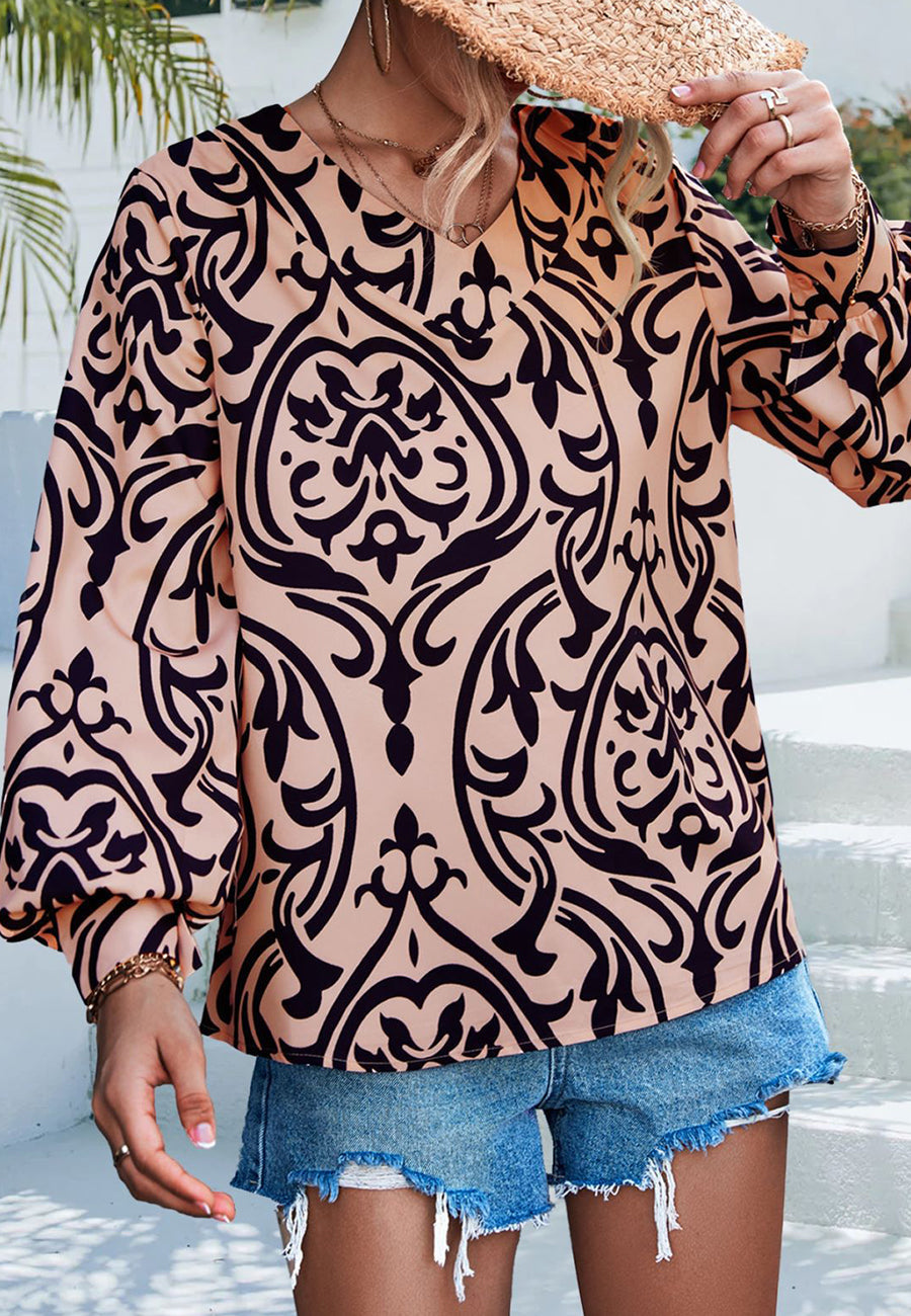 Abstract Print Bishop Sleeve Blouse