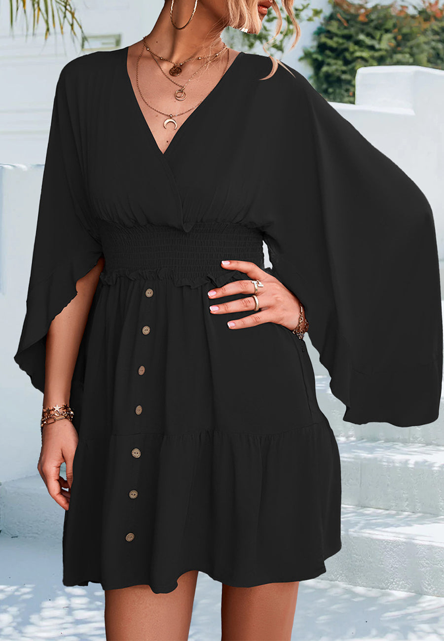 Asymmetrical Sleeve Shirred Waist Dress