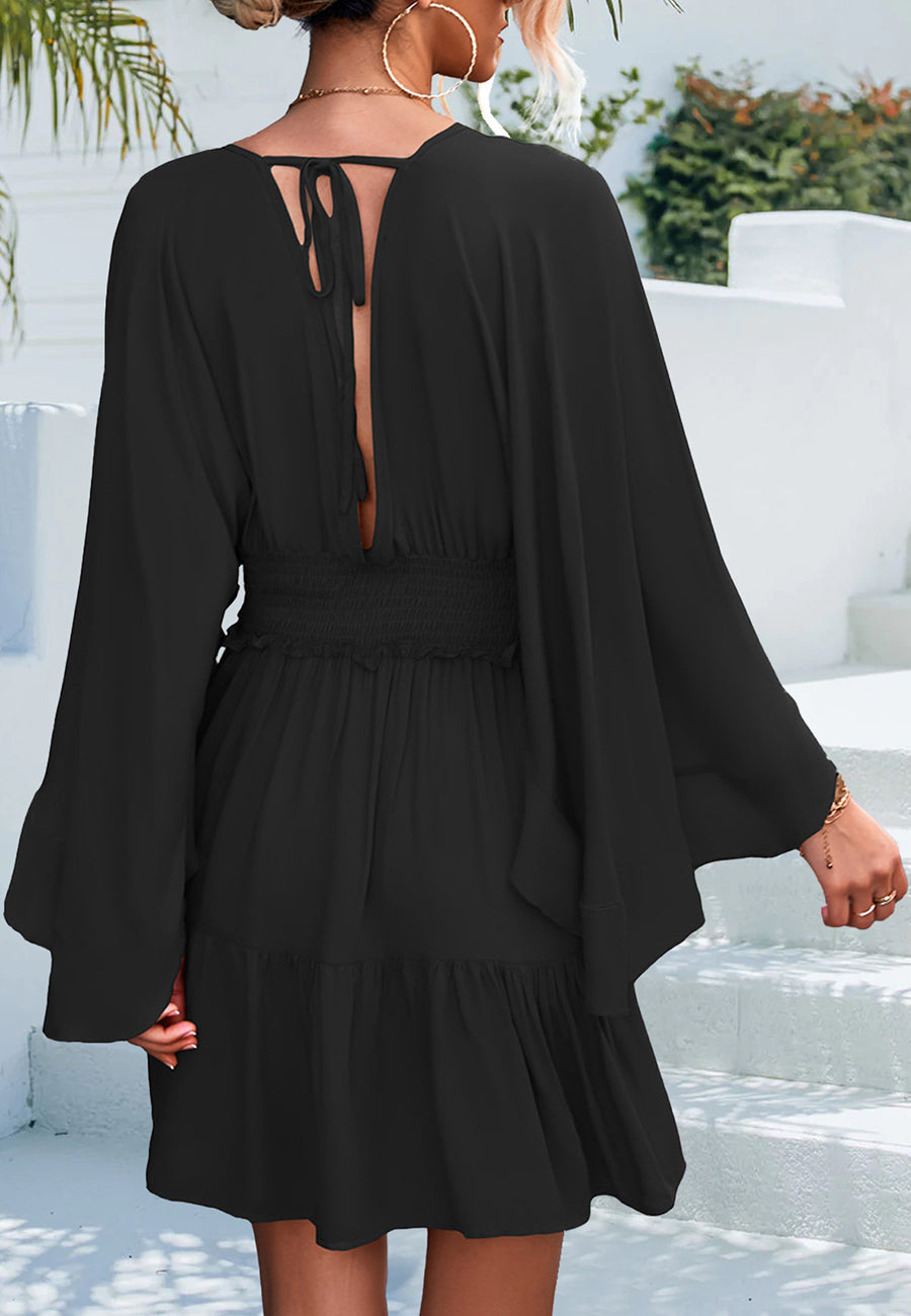 Asymmetrical Sleeve Shirred Waist Dress