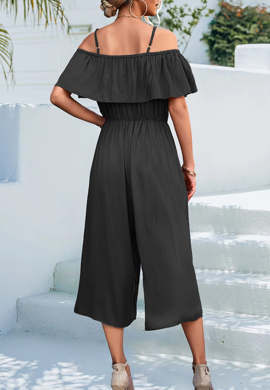 Solid Color Cold Shoulder Jumpsuit