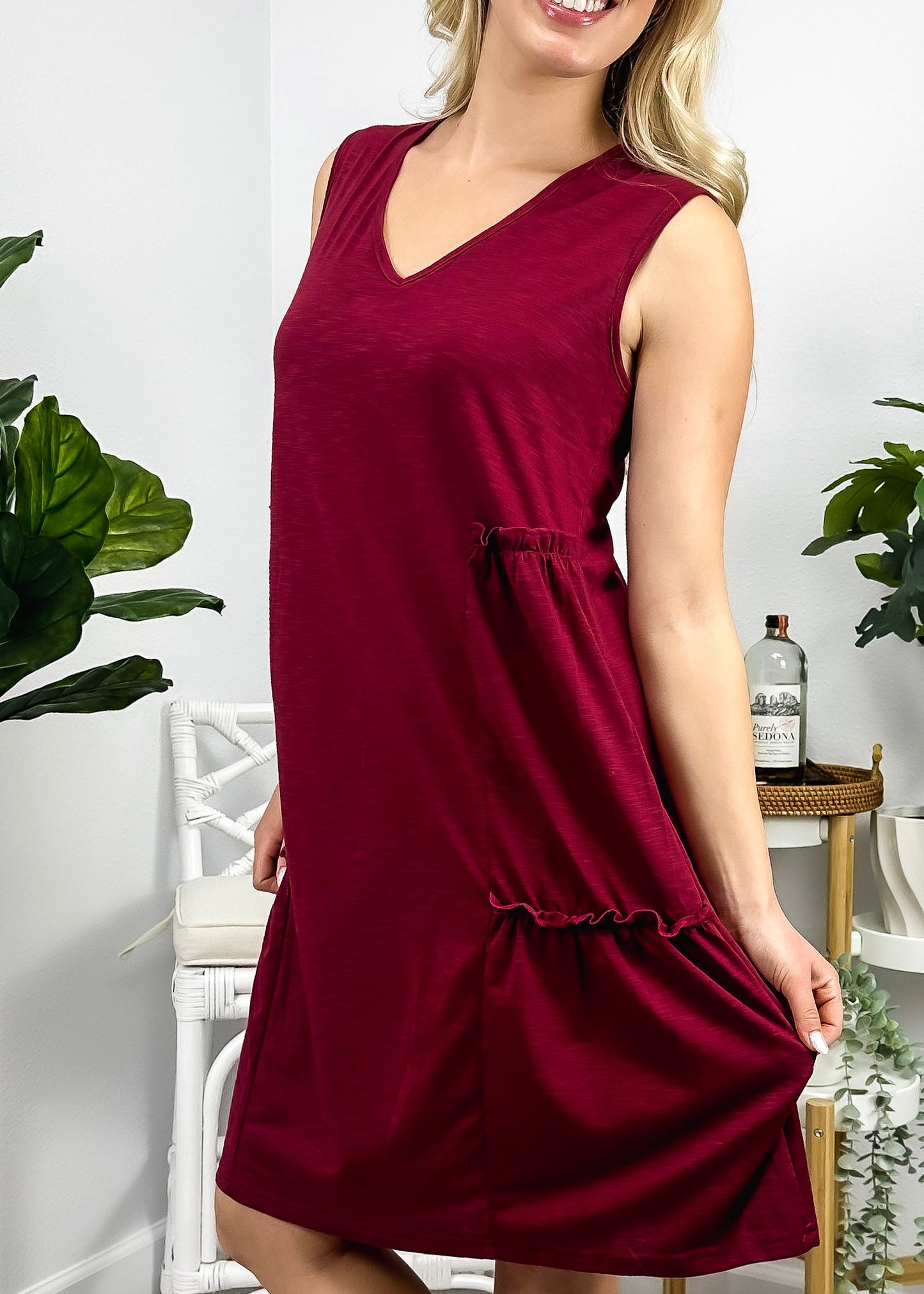 Solid Color Side Pleat Dress