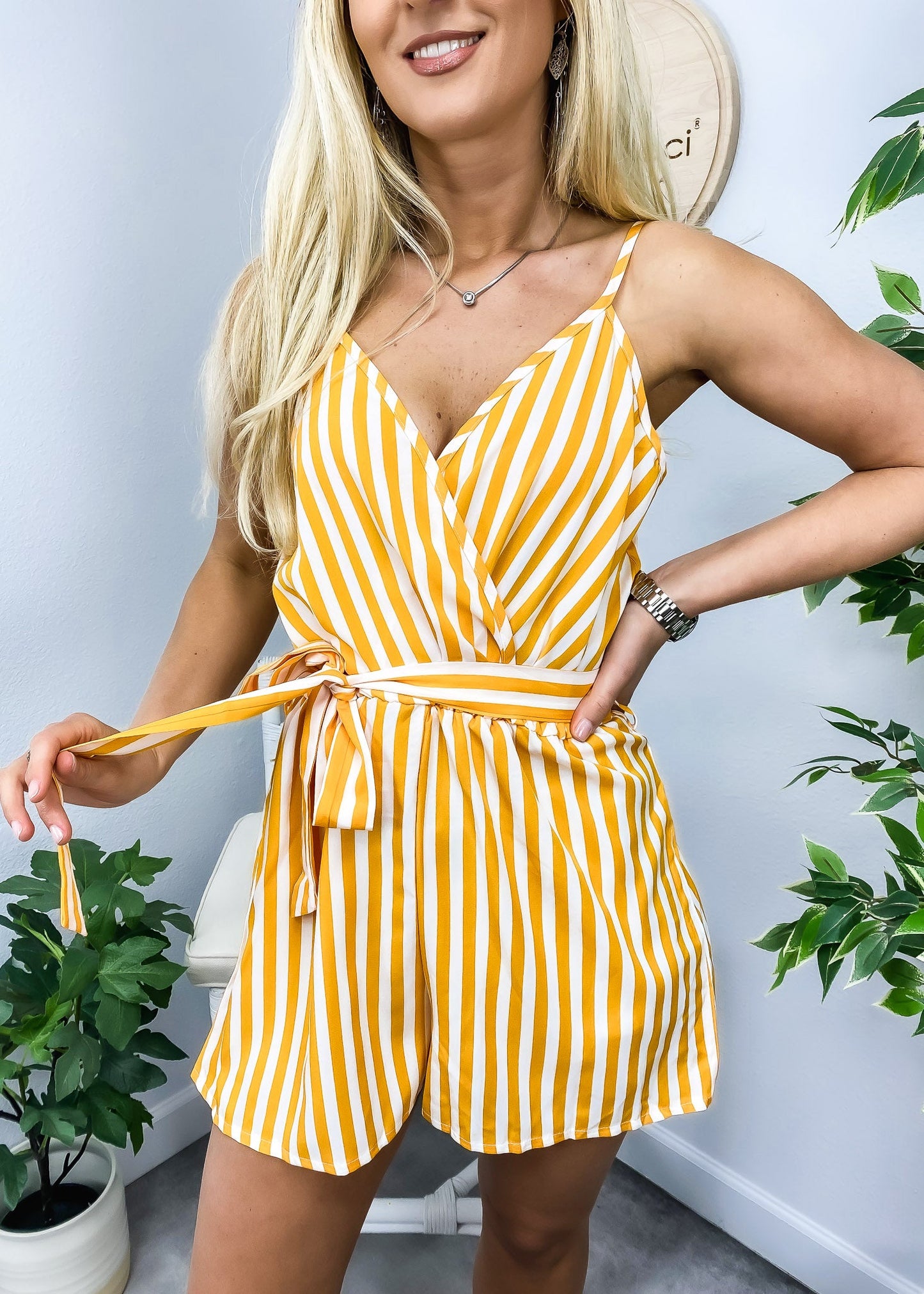 Striped Print Surplice Neck Romper