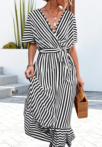 Striped Print Surplice Neck Dress