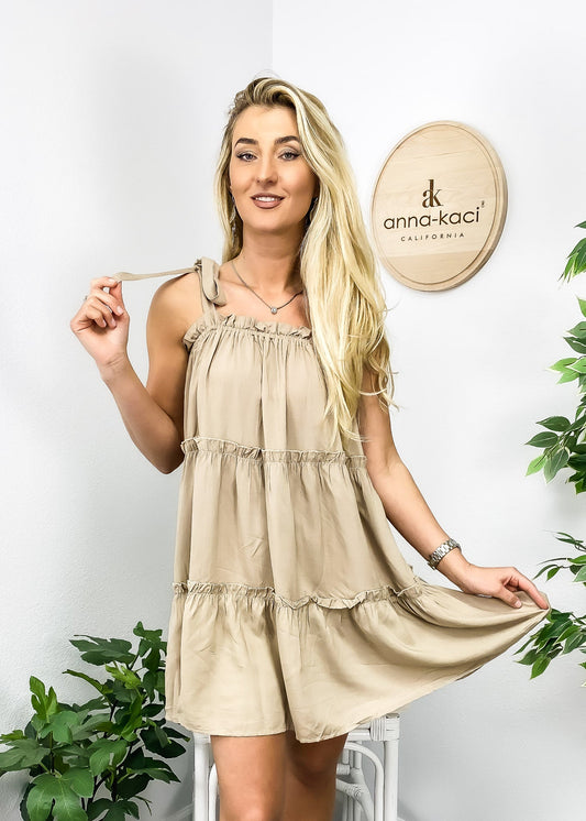 Solid Tie Shoulder Tiered Dress