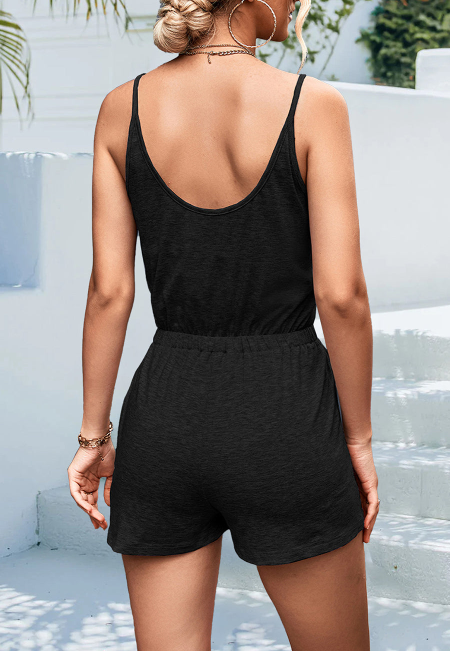 Solid V-Neck Button Front Romper