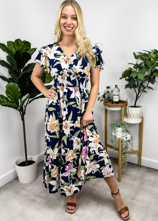 Ruffle Sleeve Shirred Waist Dress