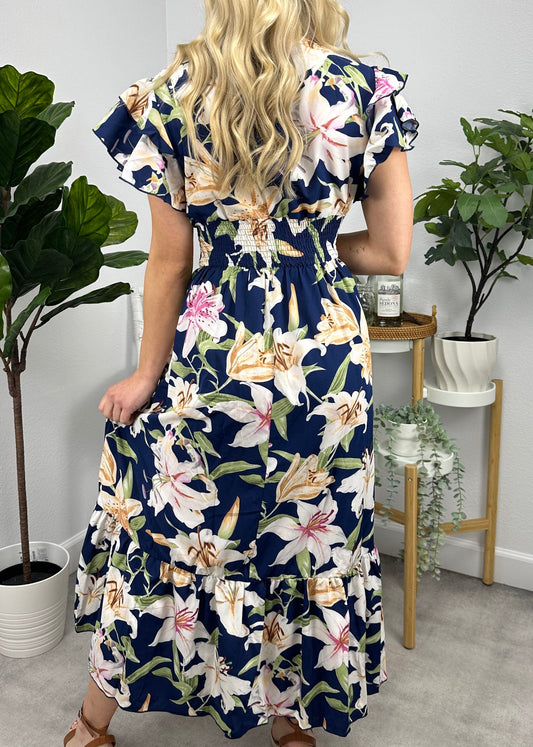 Ruffle Sleeve Shirred Waist Dress