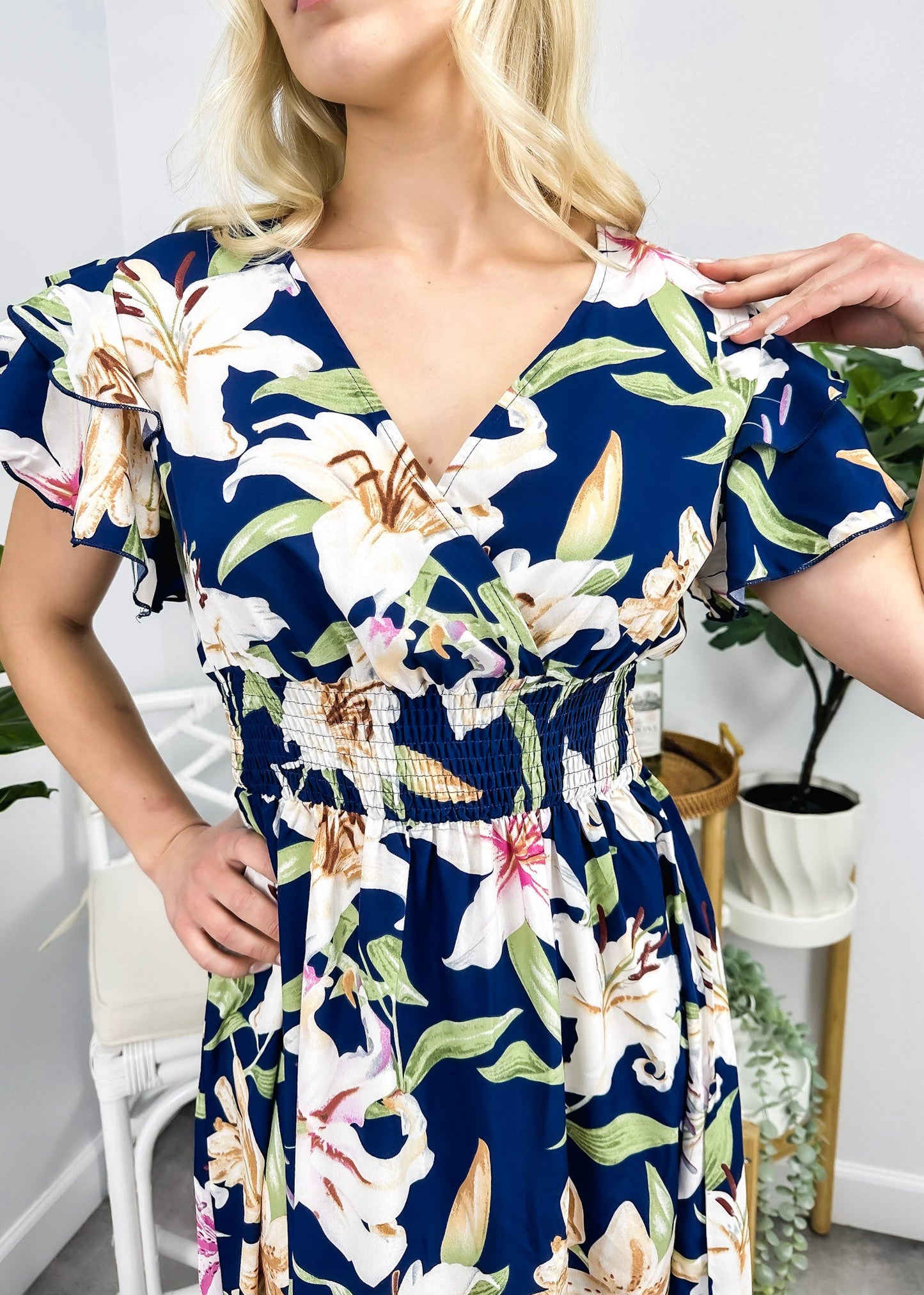 Ruffle Sleeve Shirred Waist Dress