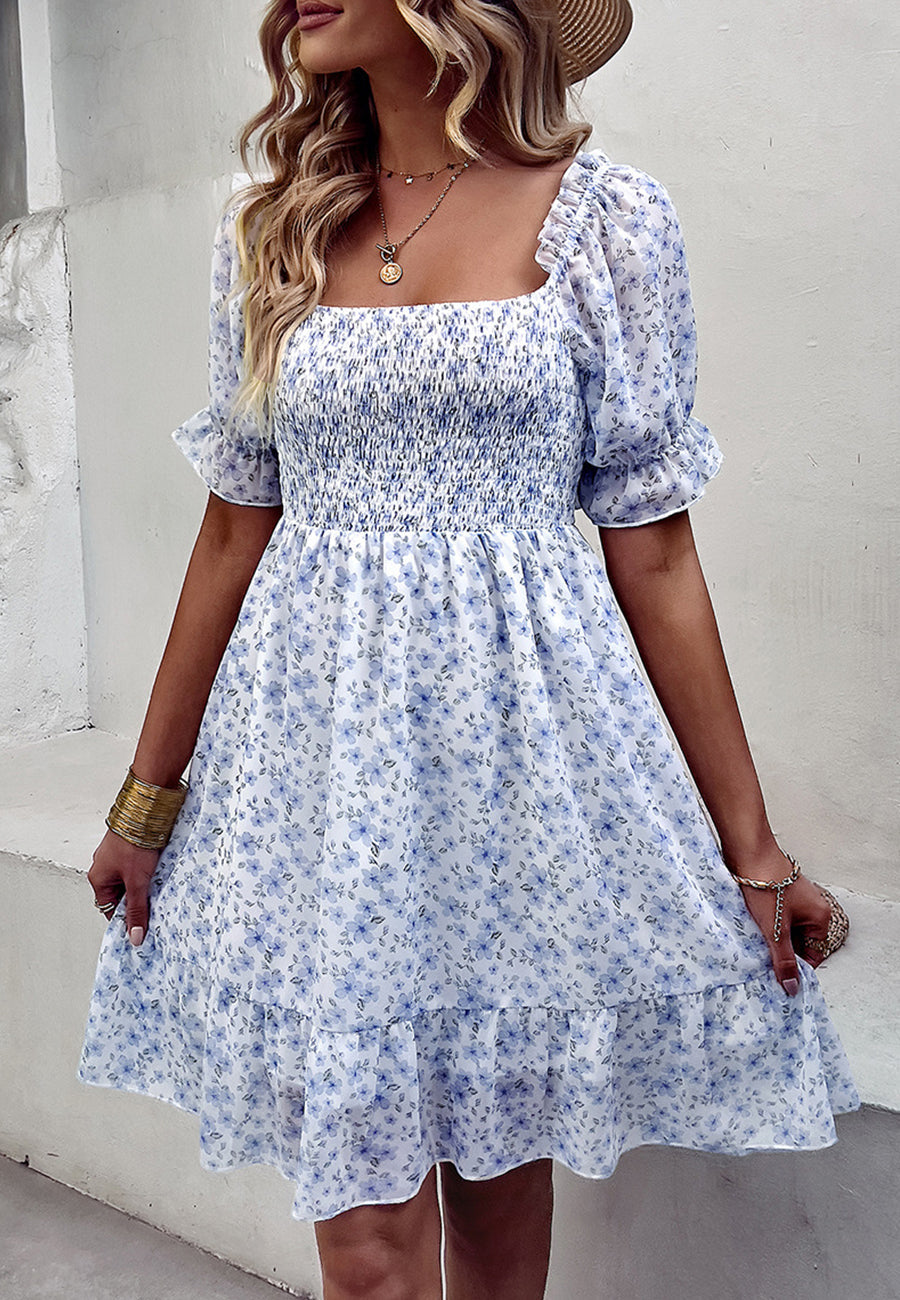 Puff Sleeve Ruffle Hem Dress