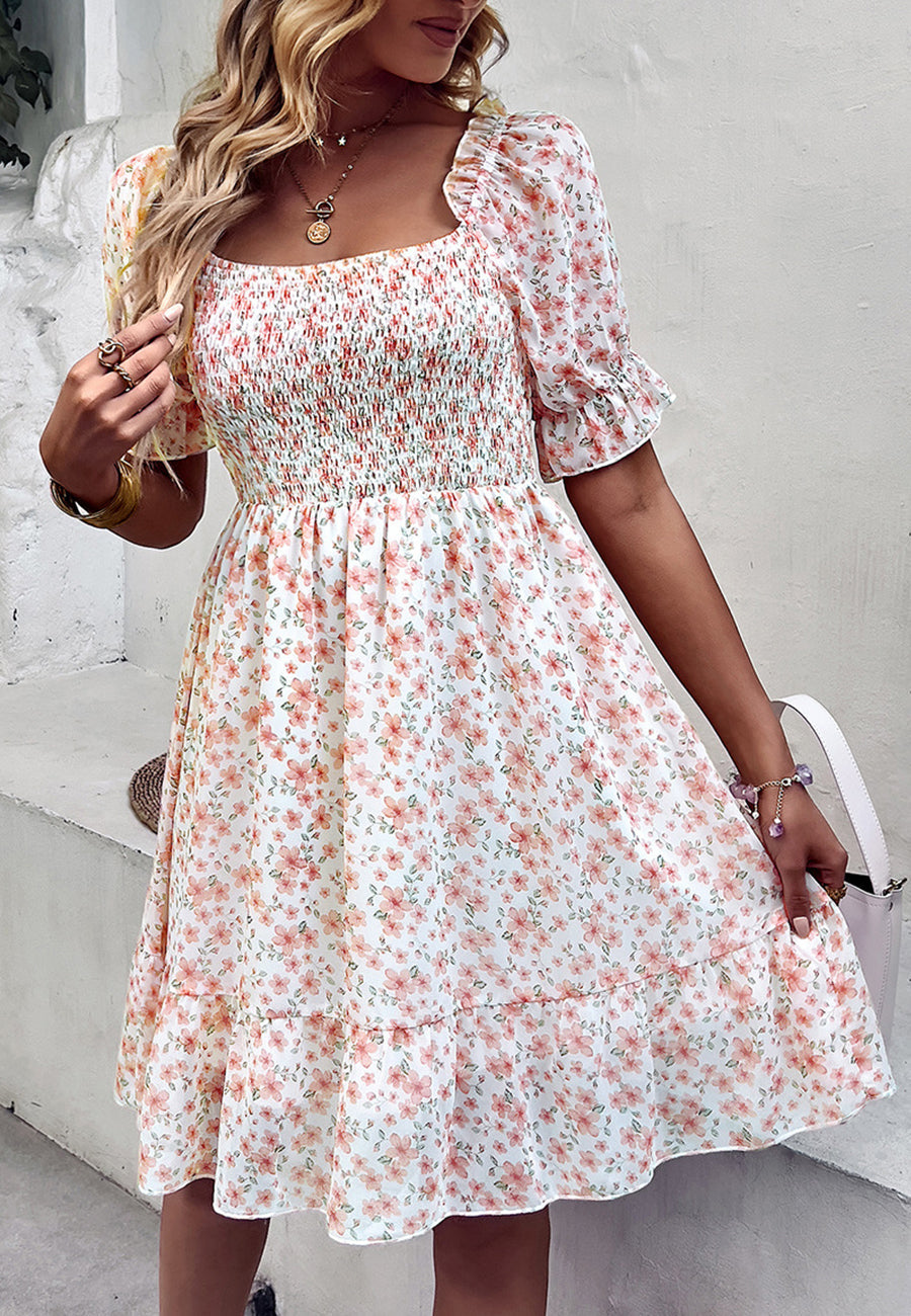 Puff Sleeve Ruffle Hem Dress