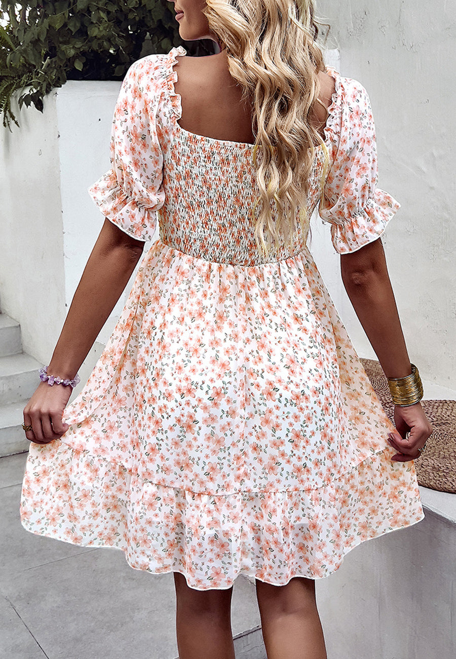 Puff Sleeve Ruffle Hem Dress