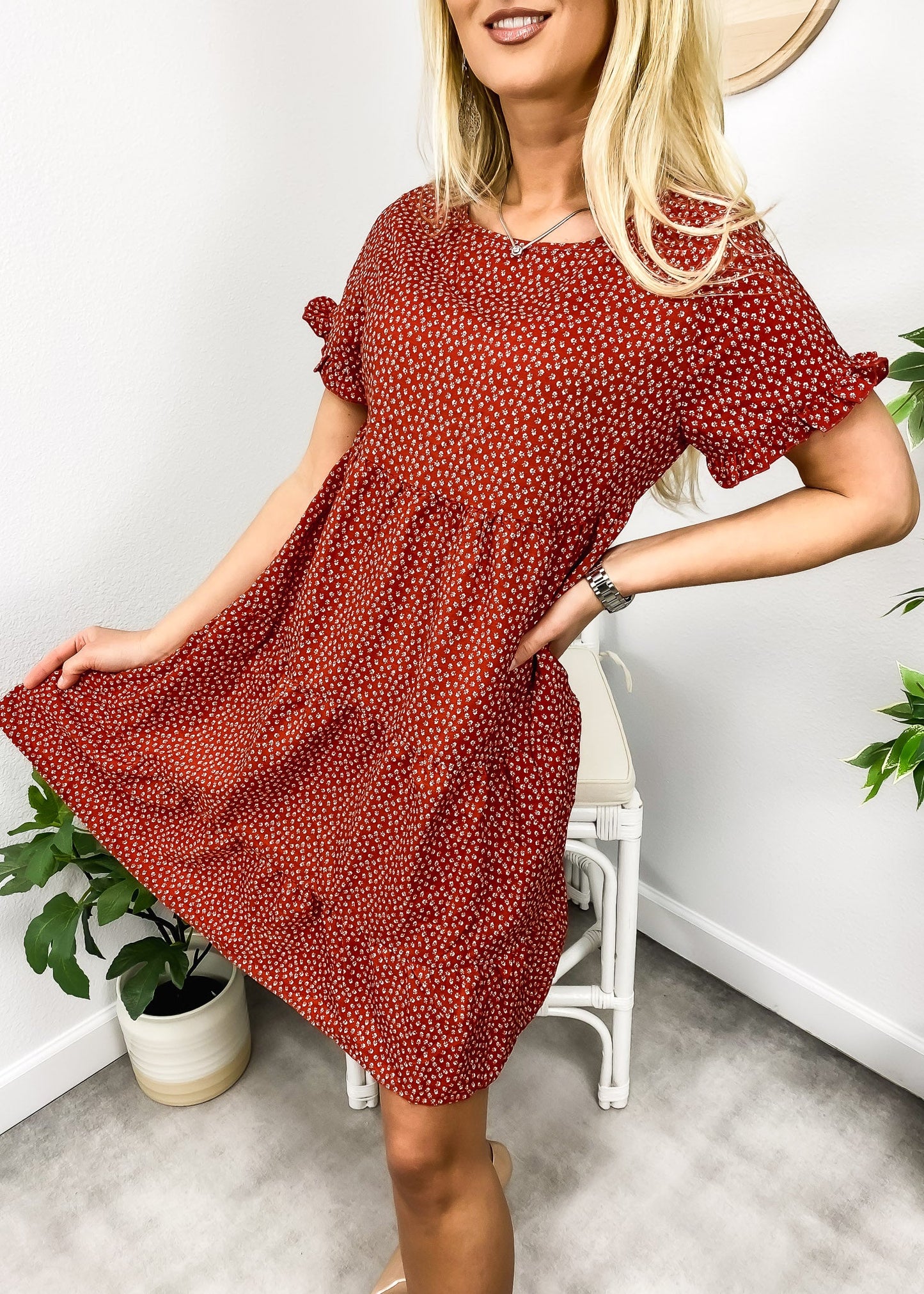 Round Neck Spotted Print Tiered Dress