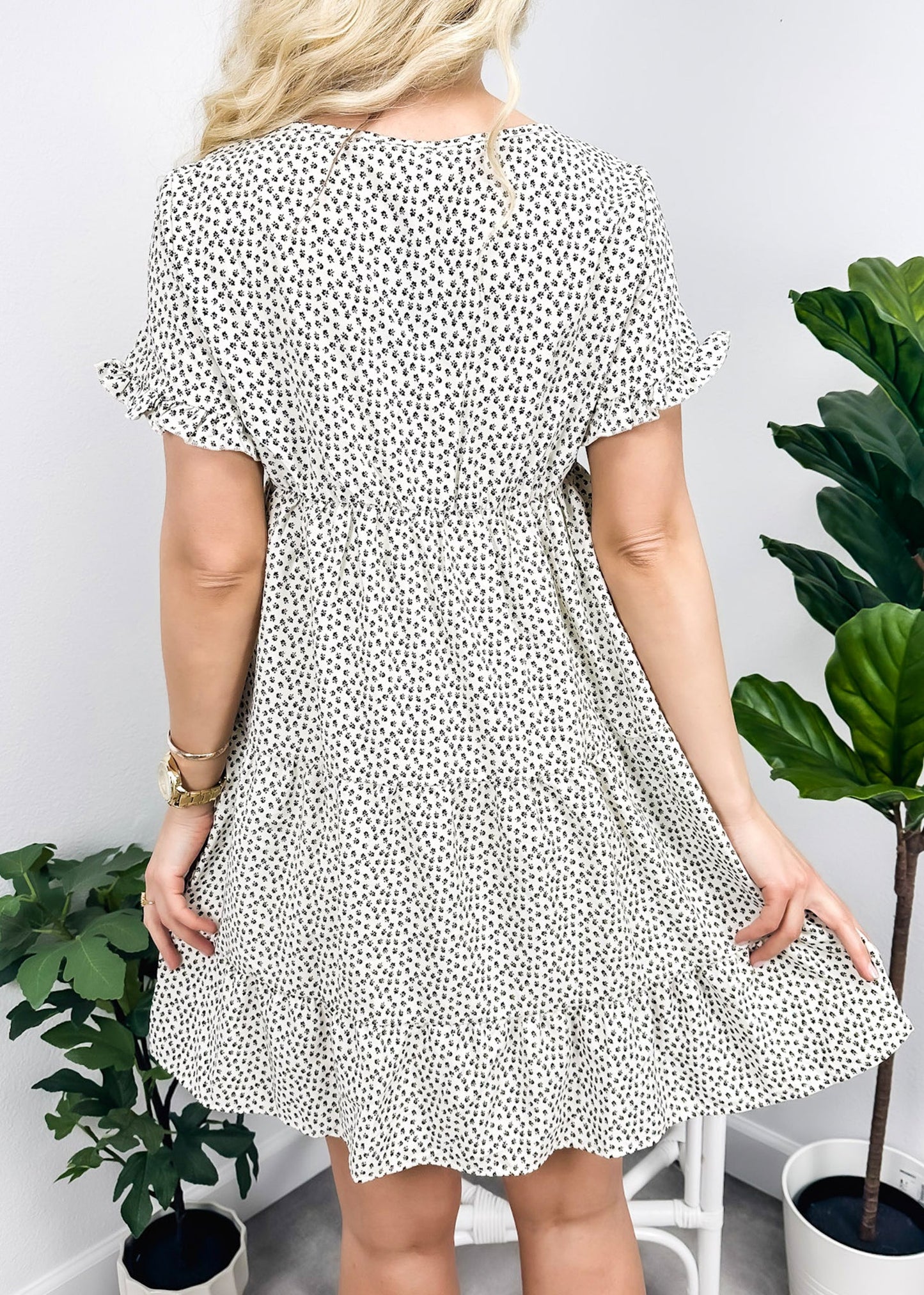 Round Neck Spotted Print Tiered Dress