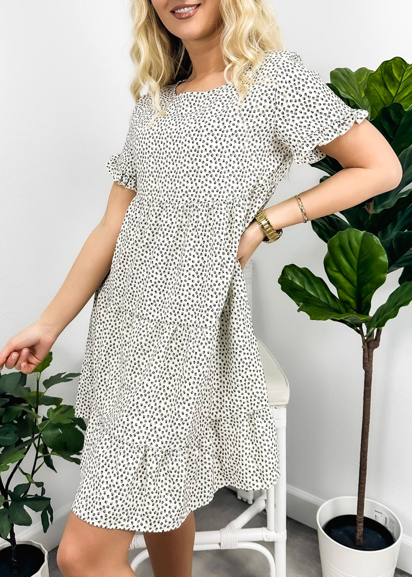 Round Neck Spotted Print Tiered Dress