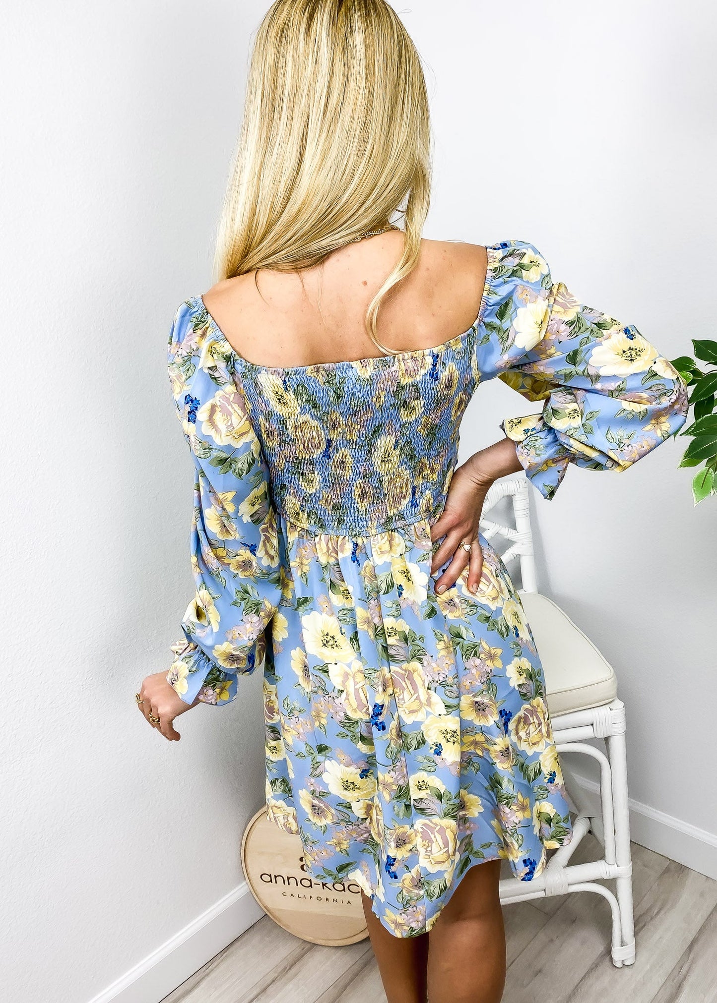 Square Neck Shirred Floral Print Dress