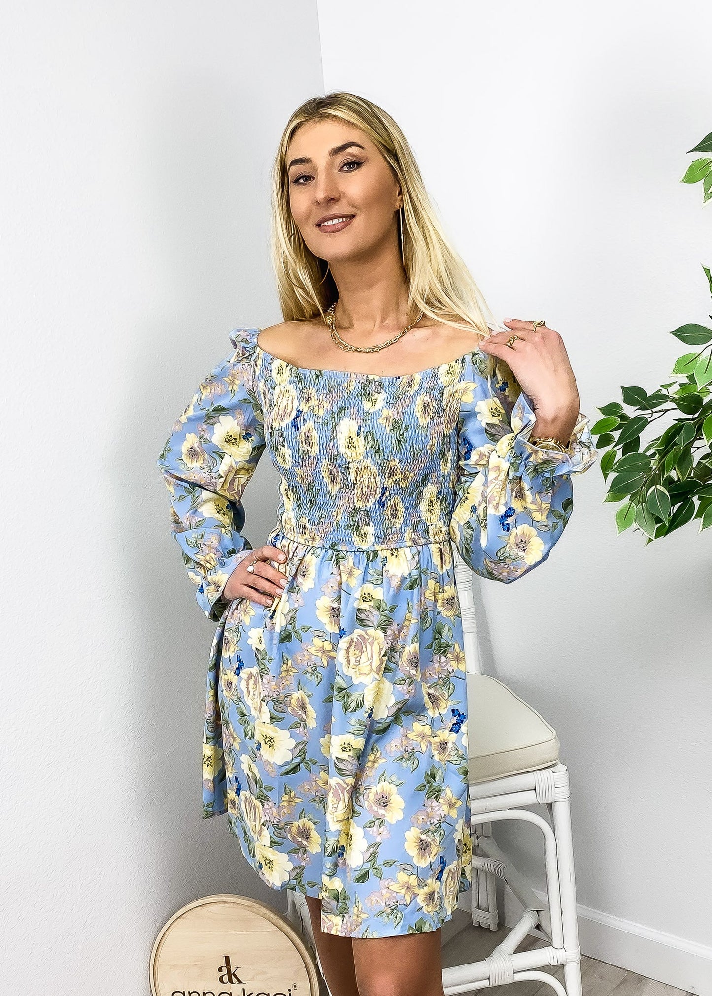 Square Neck Shirred Floral Print Dress