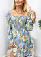 Square Neck Shirred Floral Print Dress