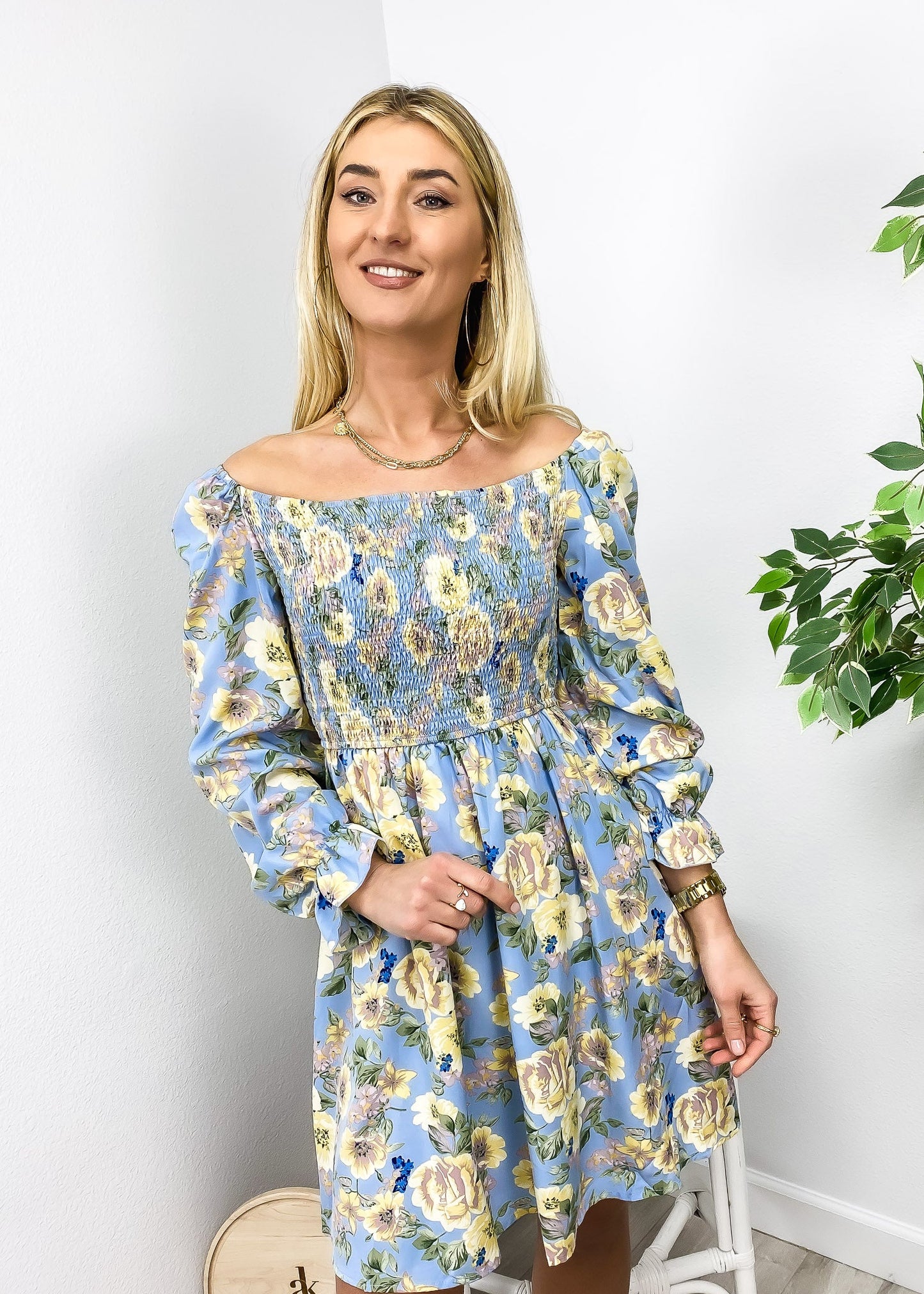 Square Neck Shirred Floral Print Dress