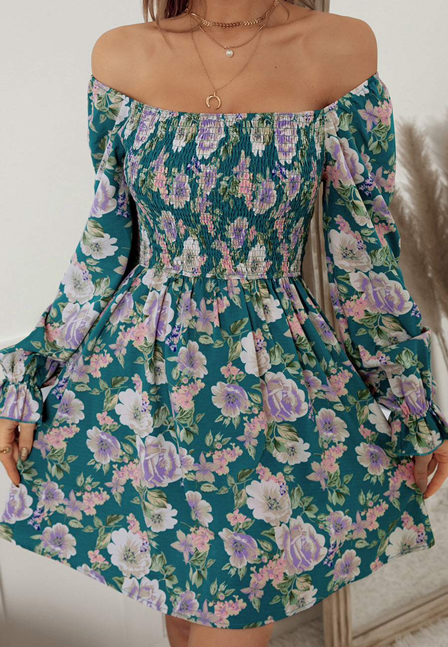 Square Neck Shirred Floral Print Dress