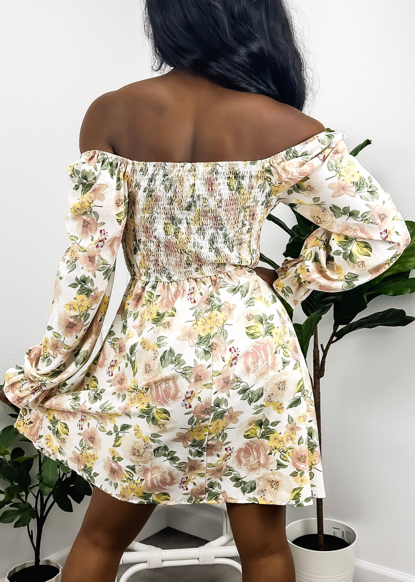 Square Neck Shirred Floral Print Dress