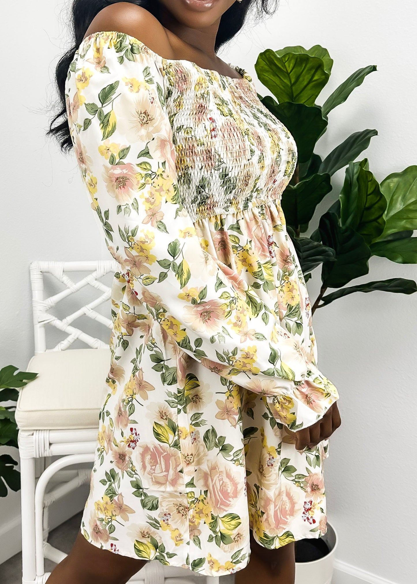 Square Neck Shirred Floral Print Dress