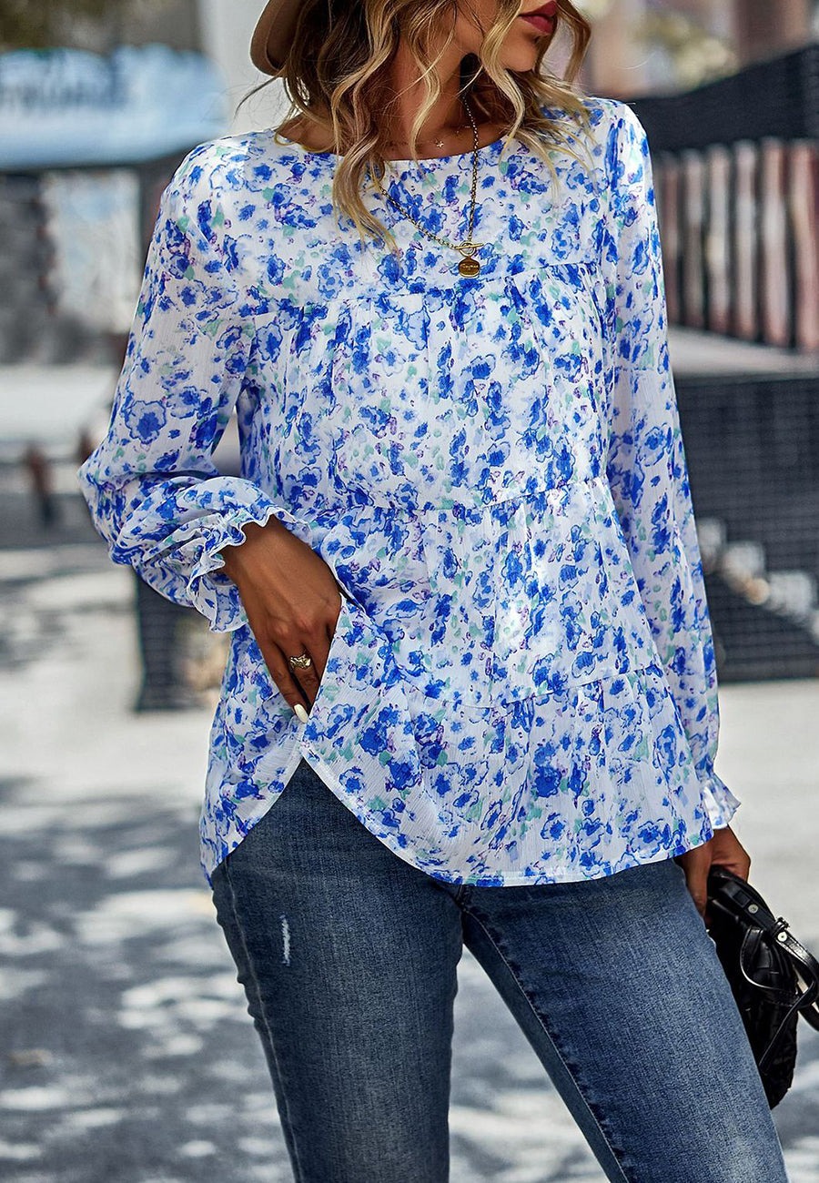 Printed Ruffle Hem Flowy Blouse