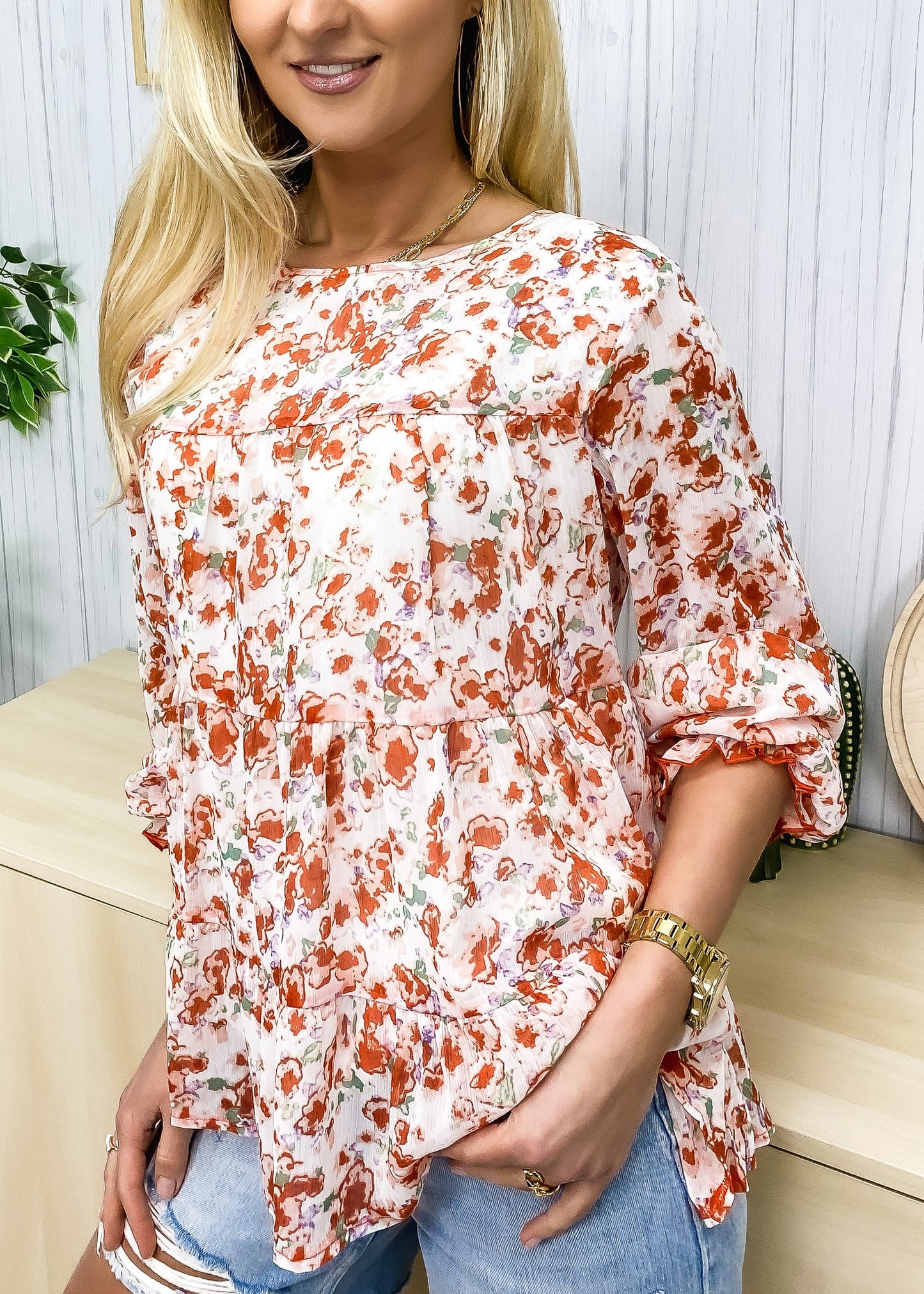 Printed Ruffle Hem Flowy Blouse