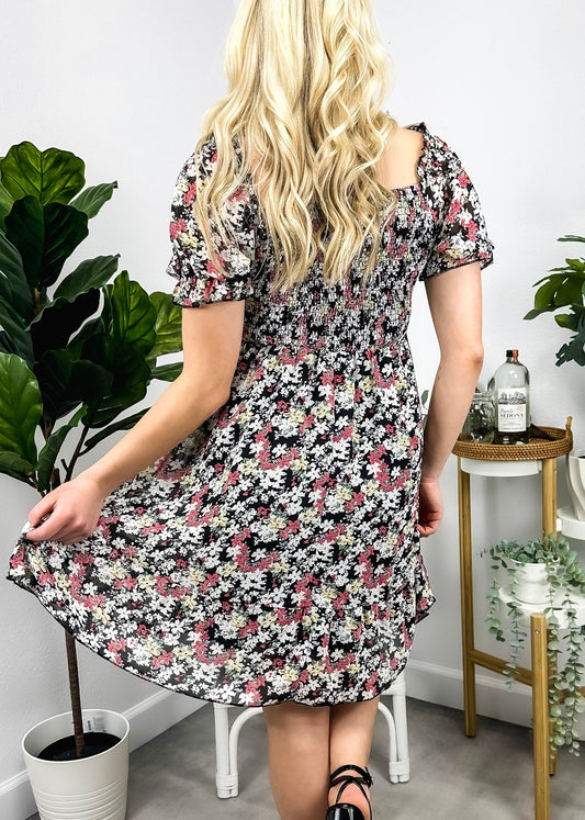 Square Neck Floral Puff Sleeve Dress